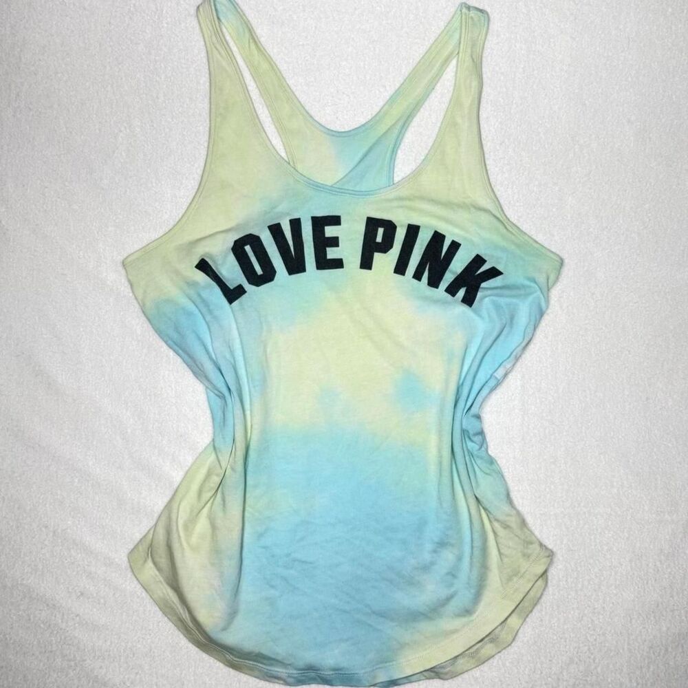y2k inspired victoria’s secret PINK baby blue and yellow tie dye tank top